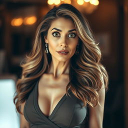 A stunning 50-year-old woman with a look of surprise, directly facing the camera in a sensual pose