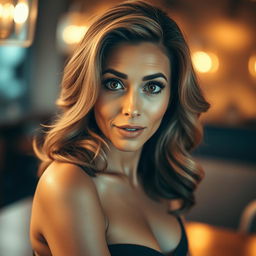 A gorgeous 50-year-old woman with a surprised expression, looking directly at the camera in a sensual pose