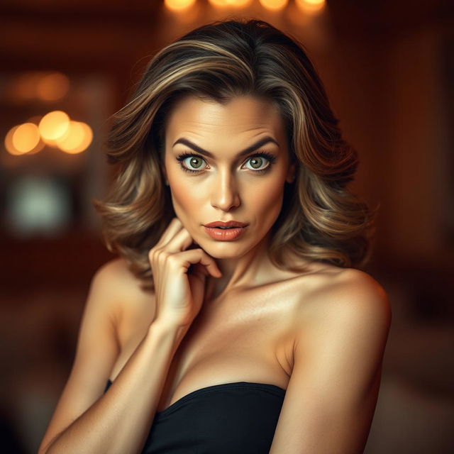 A gorgeous 50-year-old woman with a surprised expression, looking directly at the camera in a sensual pose