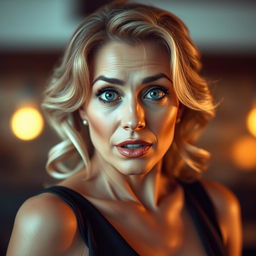 A gorgeous 50-year-old woman with a surprised expression, looking directly at the camera in a sensual pose