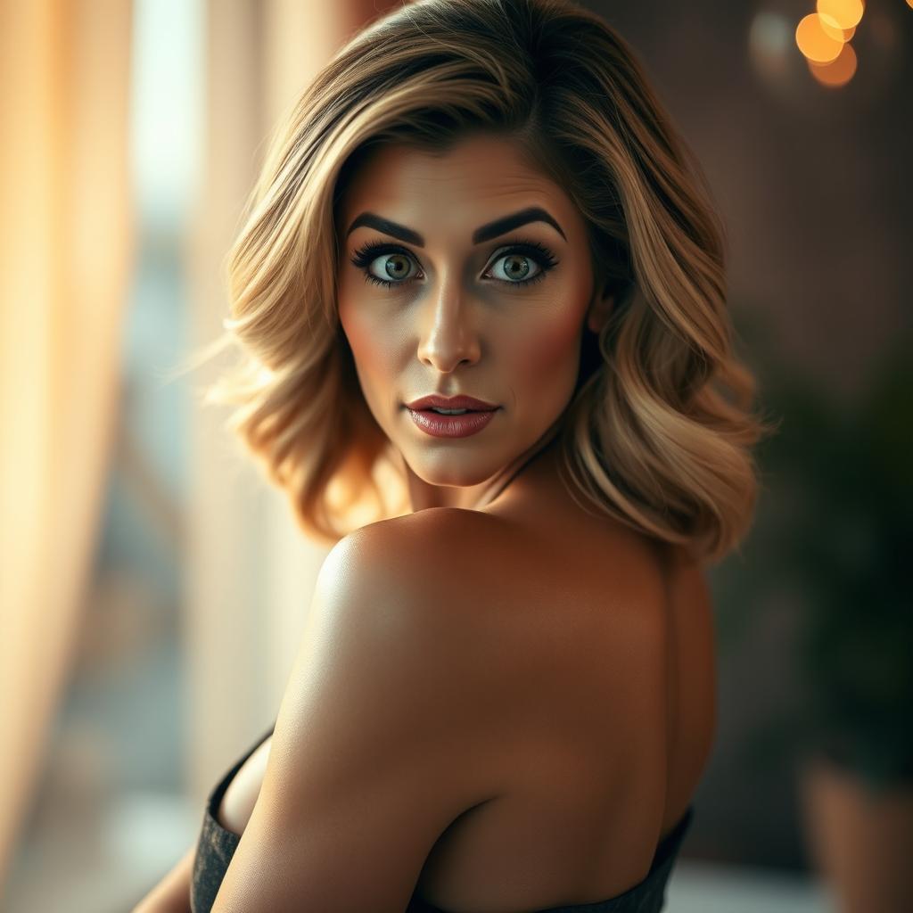 A beautiful 50-year-old woman with a surprised expression, looking directly at the camera in a sensual pose
