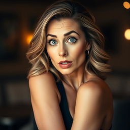 A beautiful 50-year-old woman with a surprised expression, looking directly at the camera in a sensual pose