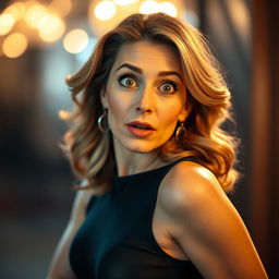 A beautiful 50-year-old woman with a surprised expression, looking directly at the camera in a sensual pose