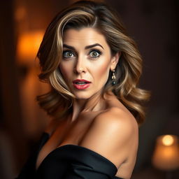 A beautiful 50-year-old woman with a surprised expression, directly facing the camera in a sensual pose
