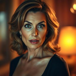 A beautiful 50-year-old woman with a surprised expression, directly facing the camera in a sensual pose