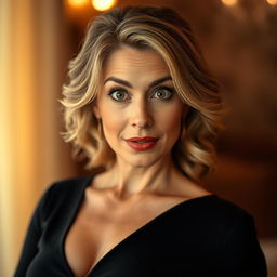 A beautiful 50-year-old woman with a surprised expression, directly facing the camera in a sensual pose