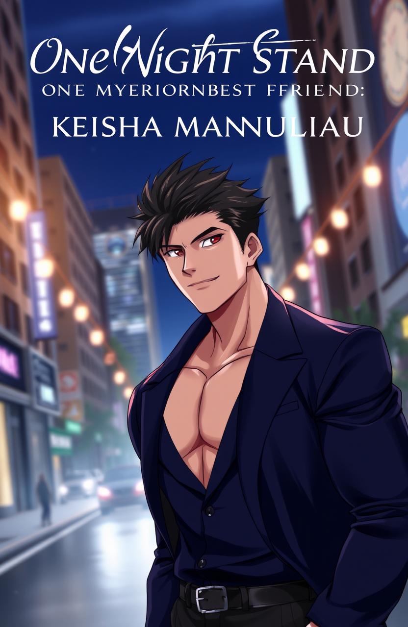 A handsome, muscular anime-style young man looking confident and charming, with an alluring smirk