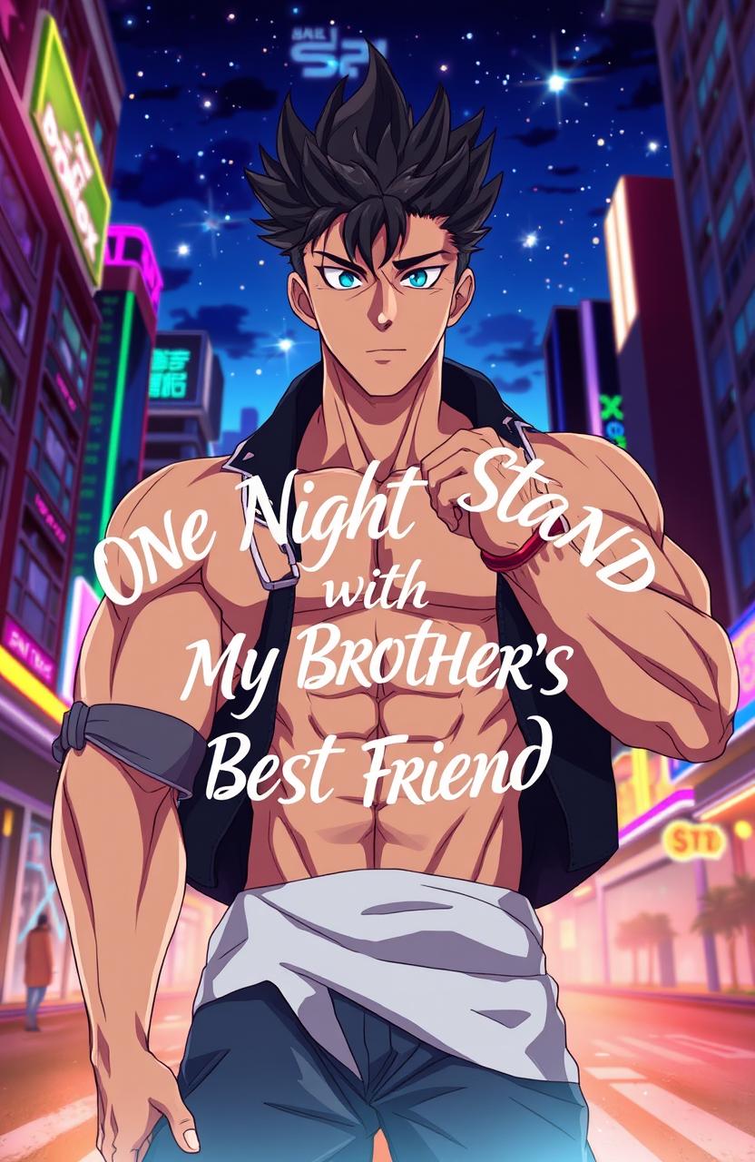 A dynamic anime scene featuring a muscular male character with attractive features, presenting a confident and charismatic pose
