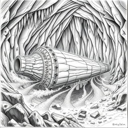 An impressive black and white drawing of a well-designed dwarven boat, taking the form of a slender cylinder made entirely of rock