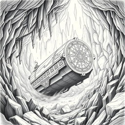 An impressive black and white drawing of a well-designed dwarven boat, taking the form of a slender cylinder made entirely of rock