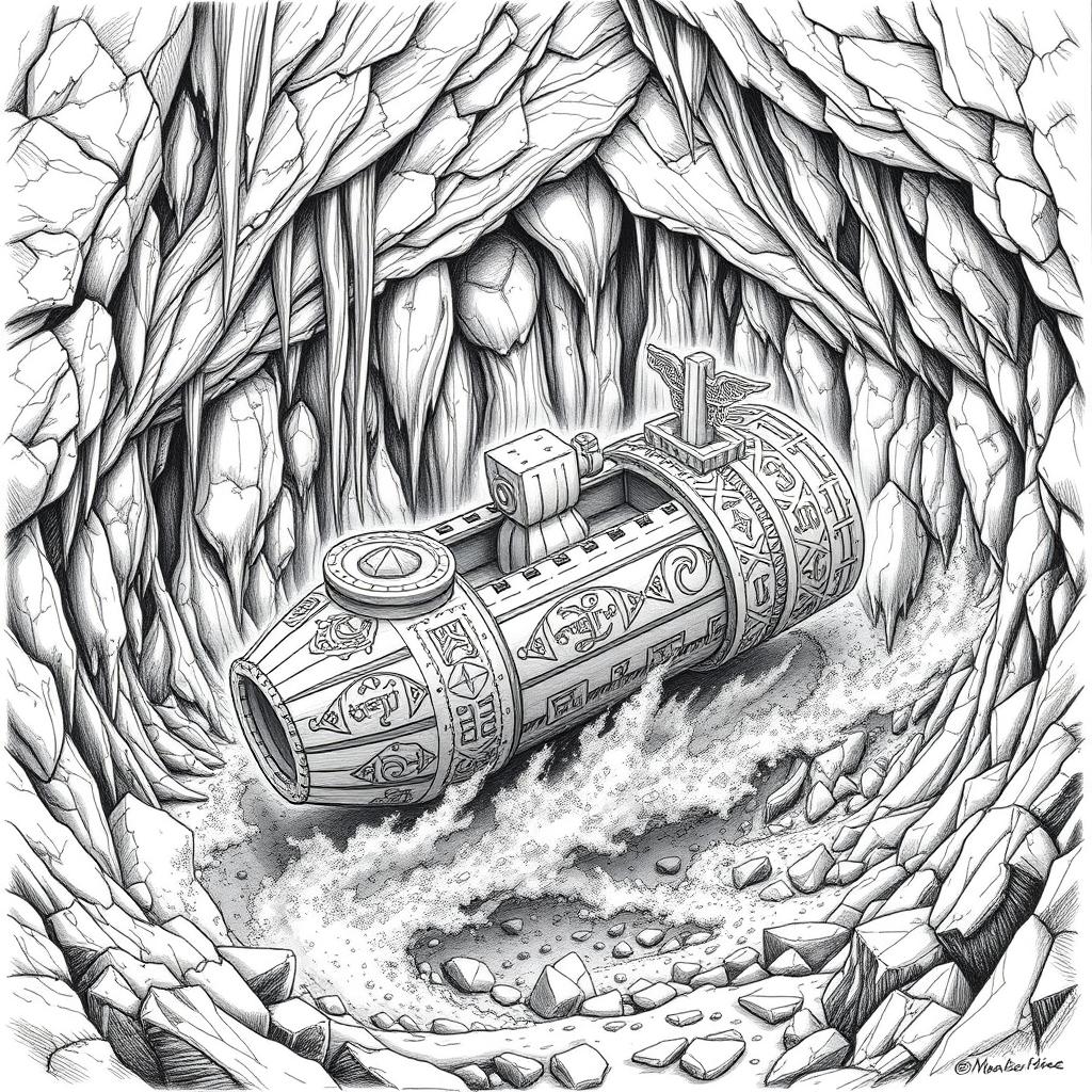 An impressive black and white drawing of a well-designed dwarven boat, taking the form of a slender cylinder made entirely of rock