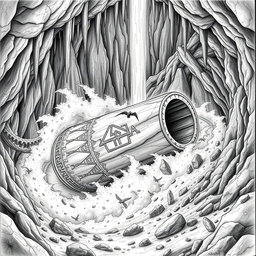 An impressive black and white drawing of a well-designed dwarven boat, taking the form of a slender cylinder made entirely of rock