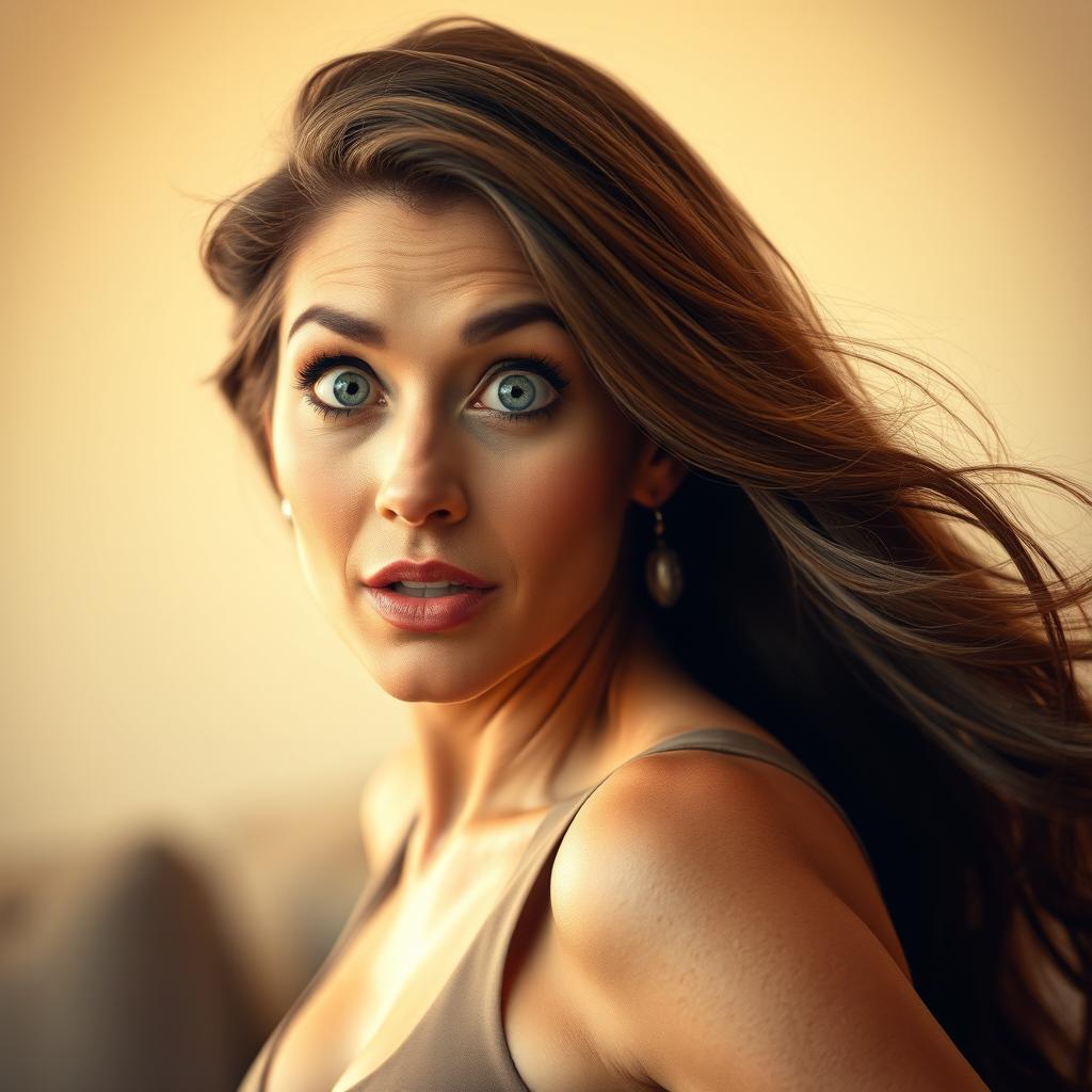 A stunning 50-year-old woman, showcasing a surprised expression, looking directly at the camera in a sensual pose