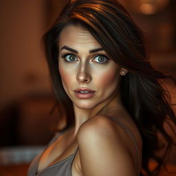 A stunning 50-year-old woman, showcasing a surprised expression, looking directly at the camera in a sensual pose