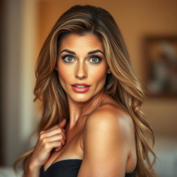 A stunning 50-year-old woman, showcasing a surprised expression, looking directly at the camera in a sensual pose