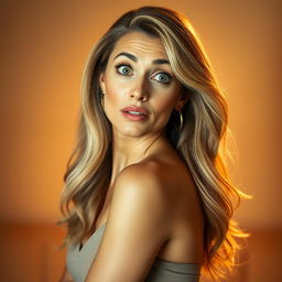 A stunning 50-year-old woman, showcasing a surprised expression, looking directly at the camera in a sensual pose