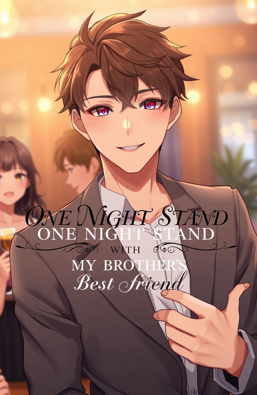 A handsome anime male character with stylish features and a charming smile, posed in an inviting manner