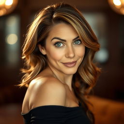 A beautiful 50-year-old woman with an expression of surprise, facing directly towards the camera in a sensual pose