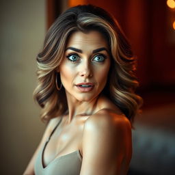 A beautiful 50-year-old woman with an expression of surprise, facing directly towards the camera in a sensual pose