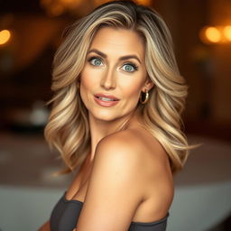 A beautiful 50-year-old woman with an expression of surprise, facing directly towards the camera in a sensual pose