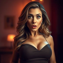 A gorgeous 50-year-old woman with a surprised expression, facing the camera head-on in a sensual pose