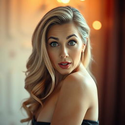 A gorgeous 50-year-old woman with a surprised expression, facing the camera head-on in a sensual pose