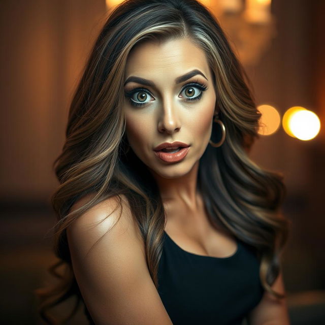 A gorgeous 50-year-old woman with a surprised expression, facing the camera head-on in a sensual pose