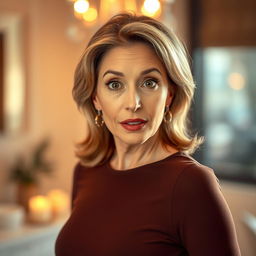 A beautiful 50-year-old woman with a surprised expression, standing front and center while looking directly at the camera in a sensual pose