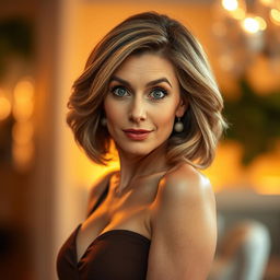 A beautiful 50-year-old woman with a surprised expression, standing front and center while looking directly at the camera in a sensual pose