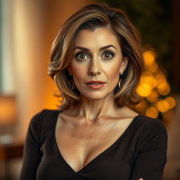 A beautiful 50-year-old woman with a surprised expression, standing front and center while looking directly at the camera in a sensual pose