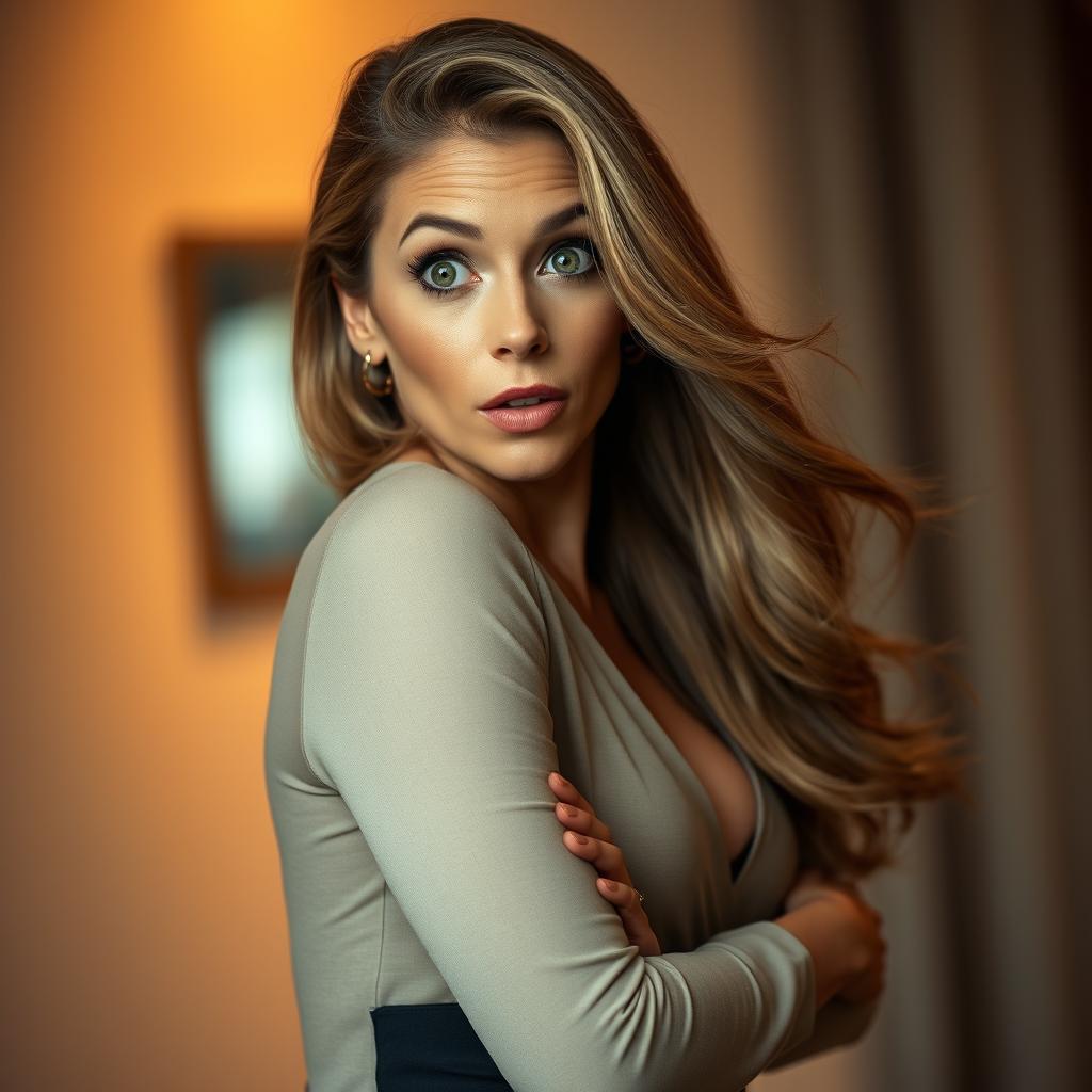 A stunning 50-year-old woman with a surprised expression, looking directly at the camera while positioned sensually
