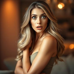 A stunning 50-year-old woman with a surprised expression, looking directly at the camera while positioned sensually