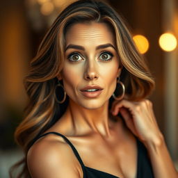 A stunning 50-year-old woman with a surprised expression, looking directly at the camera while positioned sensually