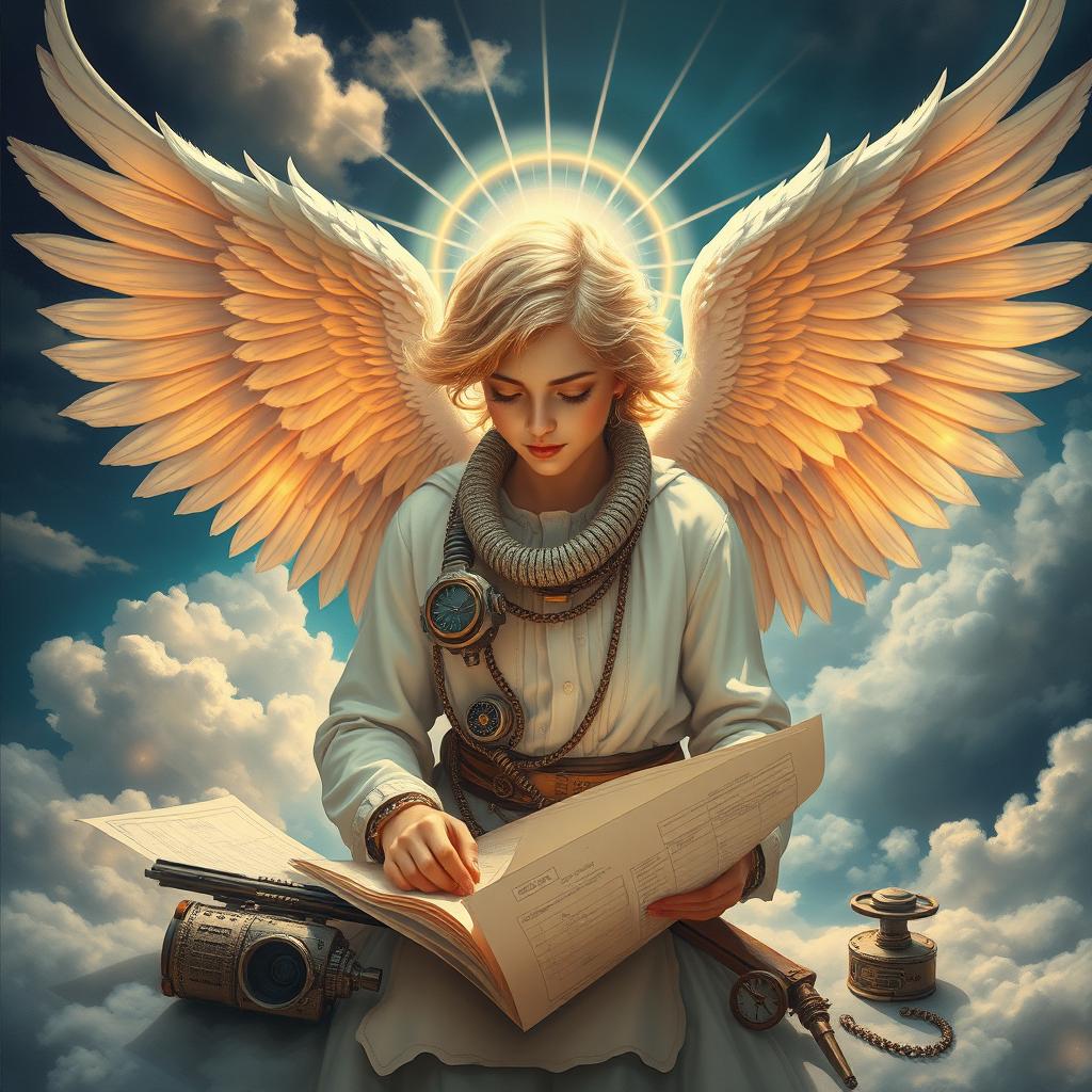 A hyper-realistic painting depicting an angel from heaven as an engineer, featuring intricate details of celestial elements integrated into engineering tools and designs