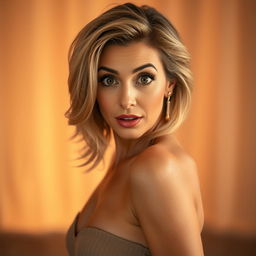 A stunning 50-year-old woman with a surprised expression, positioned directly in front of the camera in a sensual pose