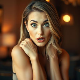 A stunning 50-year-old woman with a surprised expression, positioned directly in front of the camera in a sensual pose