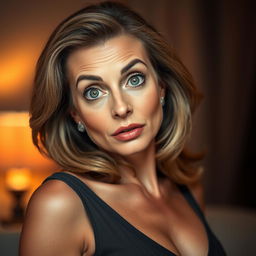 A stunning 50-year-old woman with a surprised expression, positioned directly in front of the camera in a sensual pose