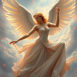 A hyper realistic painting of a celestial angel gracefully posed as a ballerina, with intricate details that showcase her elegant features and flowing gown