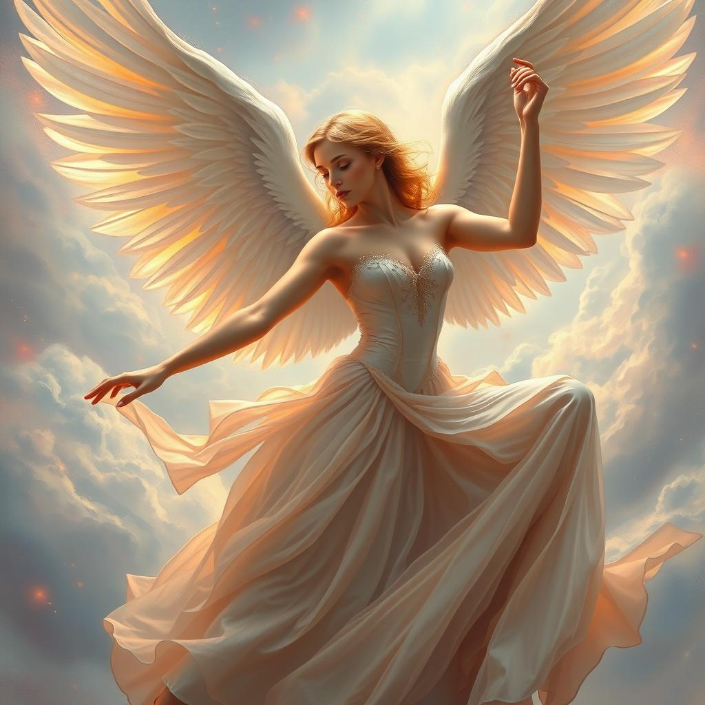 A hyper realistic painting of a celestial angel gracefully posed as a ballerina, with intricate details that showcase her elegant features and flowing gown