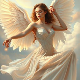 A hyper realistic painting of a celestial angel gracefully posed as a ballerina, with intricate details that showcase her elegant features and flowing gown