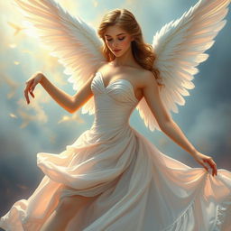 A hyper realistic painting of a celestial angel gracefully posed as a ballerina, with intricate details that showcase her elegant features and flowing gown