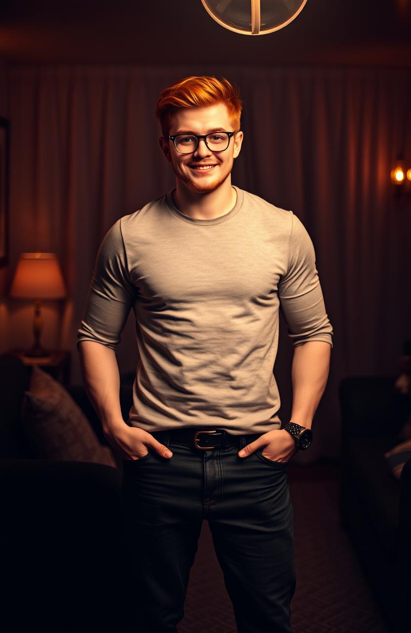 A tall, handsome man with striking red hair and glasses stands confidently with both hands in his pants pockets, creating a casual yet captivating demeanor