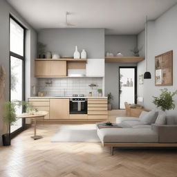 Modify the previous architectural layout by adding more corners to the house design and combining the living room and kitchen into one unified section.