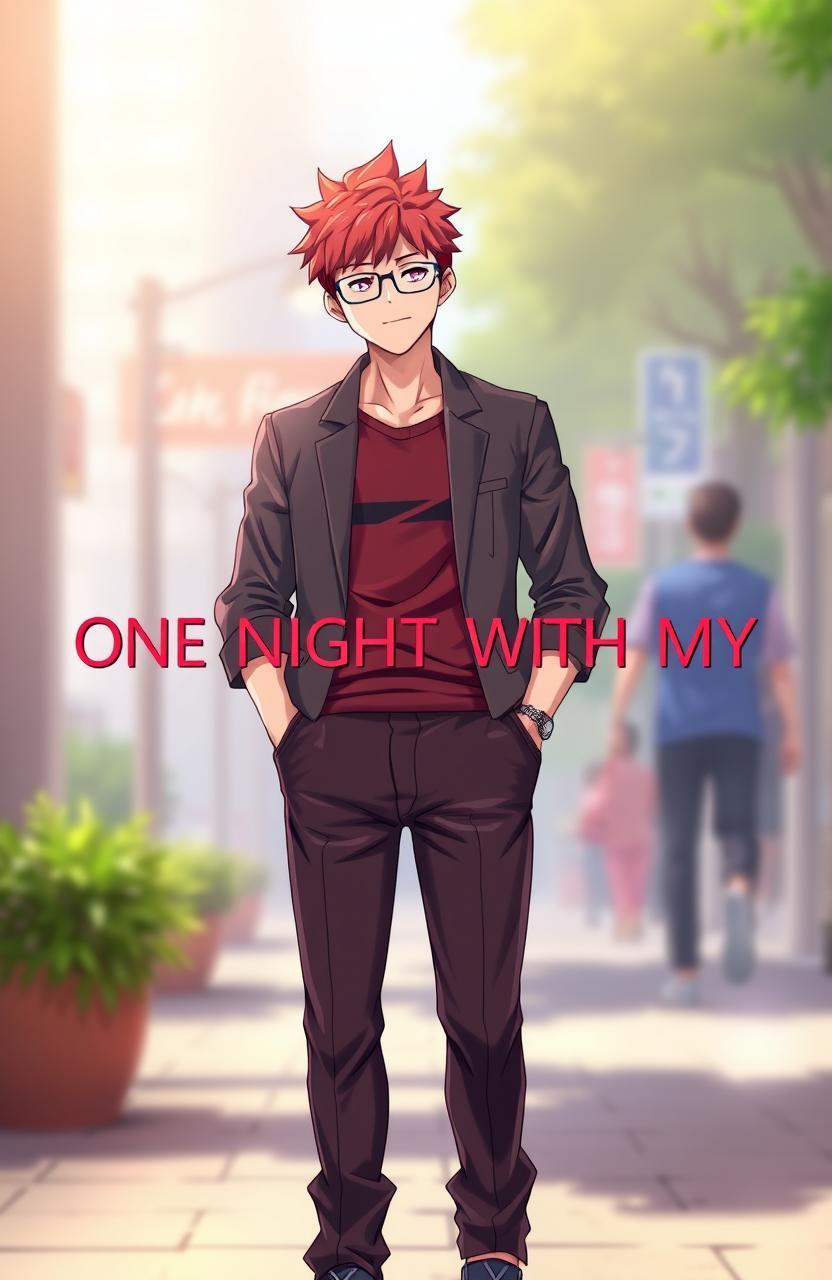 A tall, handsome anime man with vibrant red hair and glasses, standing confidently with both hands in the pockets of his stylish pants