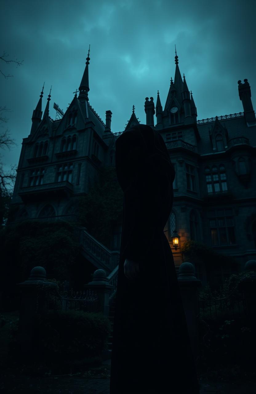 A shadowy figure of a mysterious woman dressed in black, standing beside a massive, intimidating estate