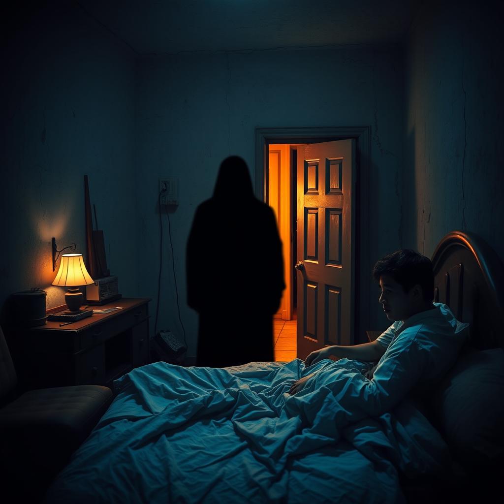 A chilling scene set in a dimly lit, old rented room at 3 a