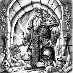 An intricate black and white drawing of the dwarven guardian standing sentinel by the holy forge of power