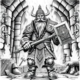 An intricate black and white drawing of the dwarven guardian standing sentinel by the holy forge of power