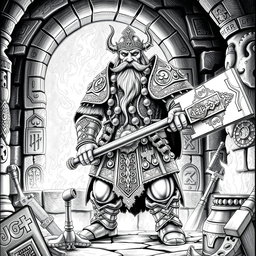 An intricate black and white drawing of the dwarven guardian standing sentinel by the holy forge of power