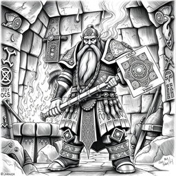 An intricate black and white drawing of the dwarven guardian standing sentinel by the holy forge of power